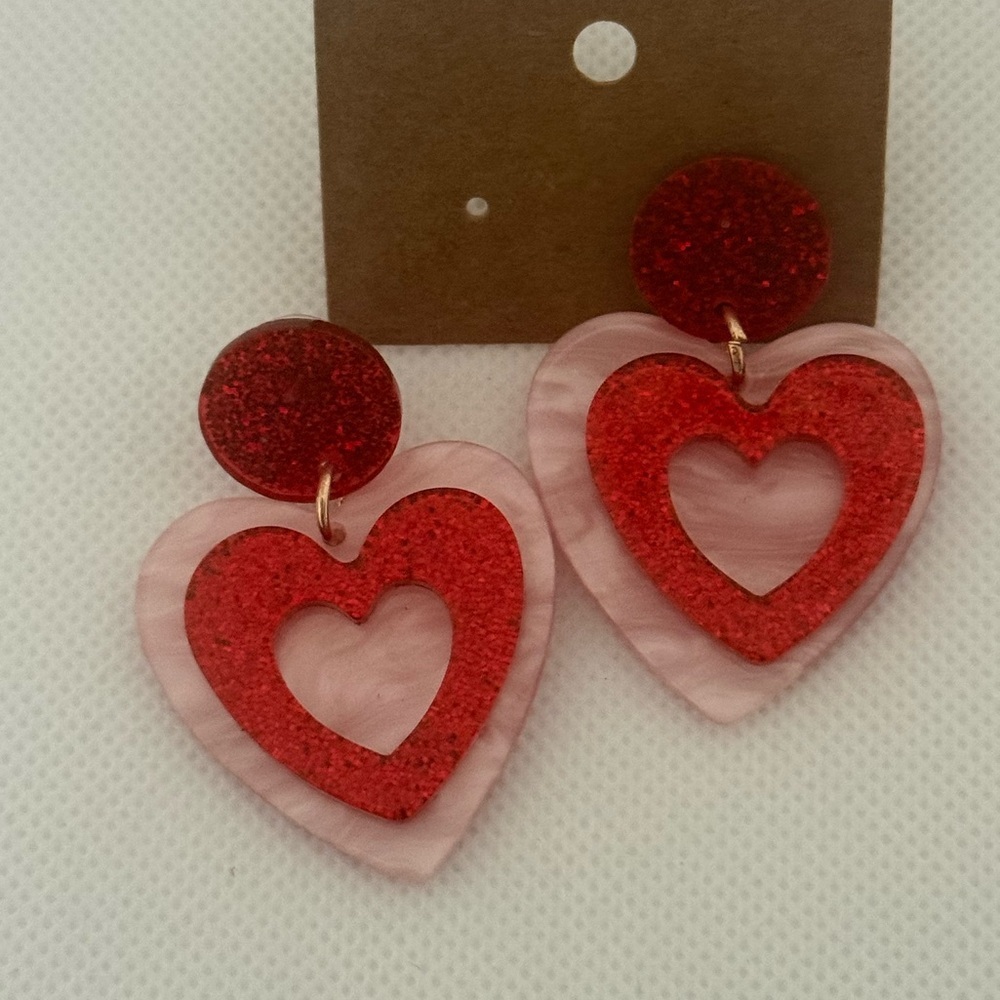 Red & Pink Heart Acrylic Earrings – Glitter Layered Drop – NWT - Picture 3 of 7